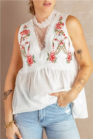 Naiste valge tikitud heegeldatud Babydoll pluus